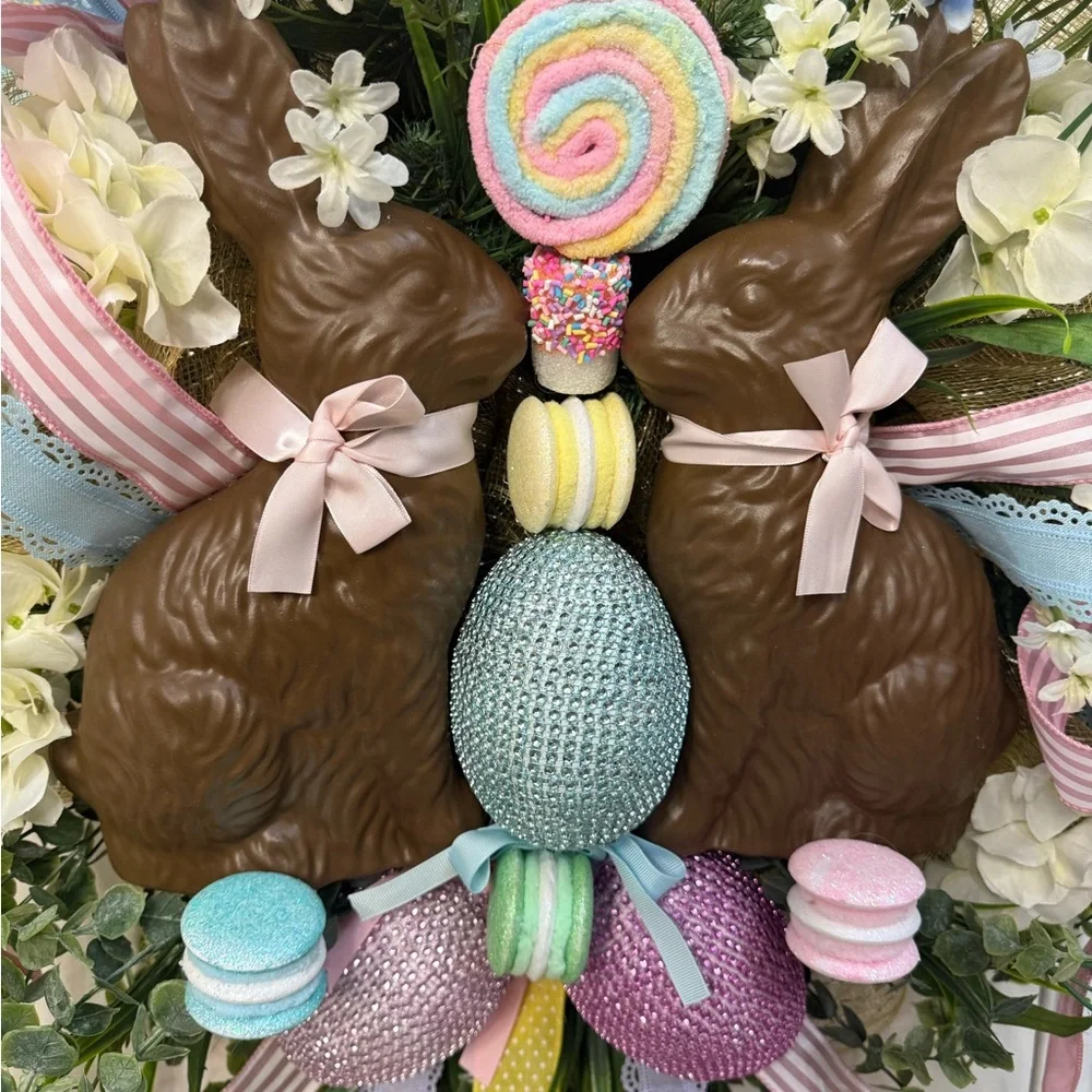 Spring Easter Wreath with Chocolate Bunnies